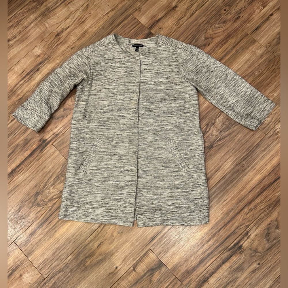 Eileen Fisher Ecru Gray Ivory Tweed Round Neck Jacket Sz M 3/4 Length Sleeves
